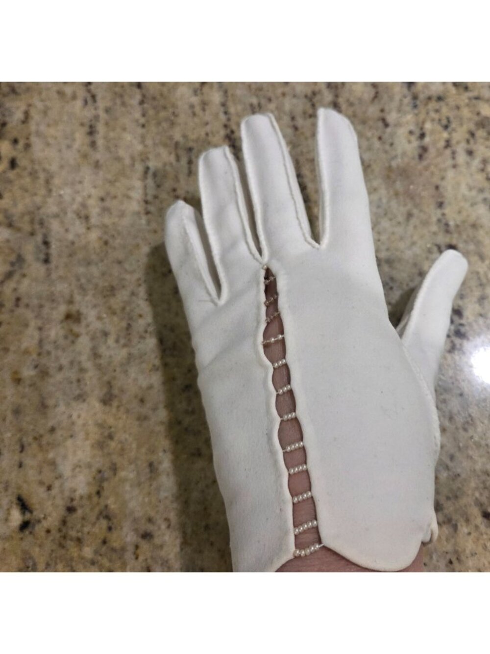 Vintage Womens Size S/M 7 Off-White Cotton Formal Gloves Beaded Peekaboo